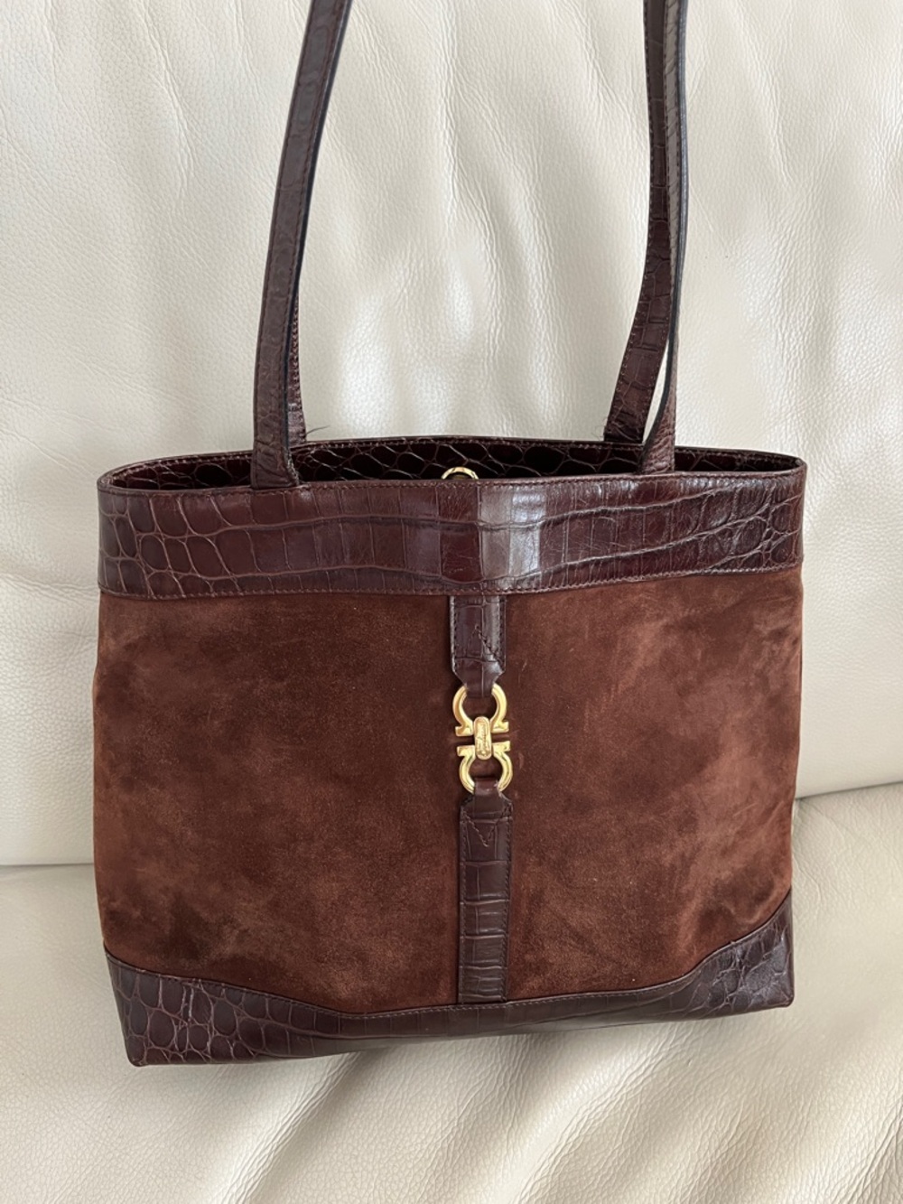 Ferragamo Luxury Brown Suede & Croc-print Leather Trim Tote Bag - Picture 1 of 9
